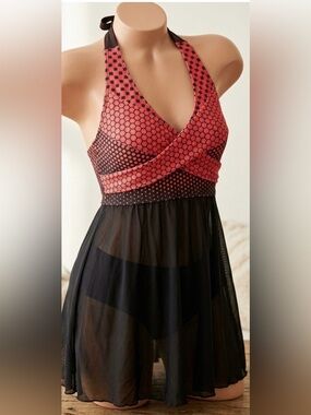 Vintage Pink & Black Mesh Halter Lingerie Babydoll Slip Size L